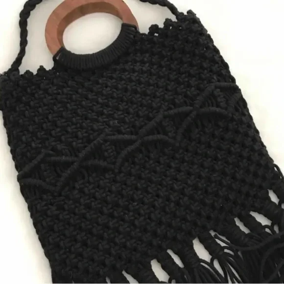 Danielle Nicole Black Macrame with Wooden Handle Handbag - Picture 6 of 8